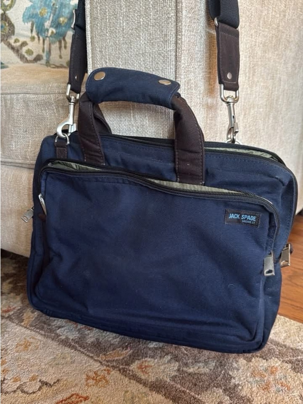Jack Spade Navy Canvas Laptop Briefcase with Dark Brown Accents